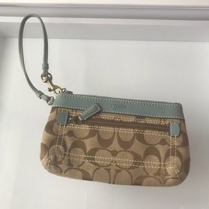 Used Coach Canvas Sky Blue Leather Trim Wristlet